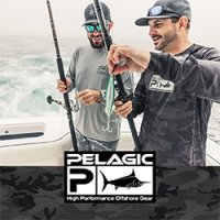 Pelagic High Performance Offshore Gear Pelagic High Performance Offshore Gear | Two men on a boat holding fishing rods